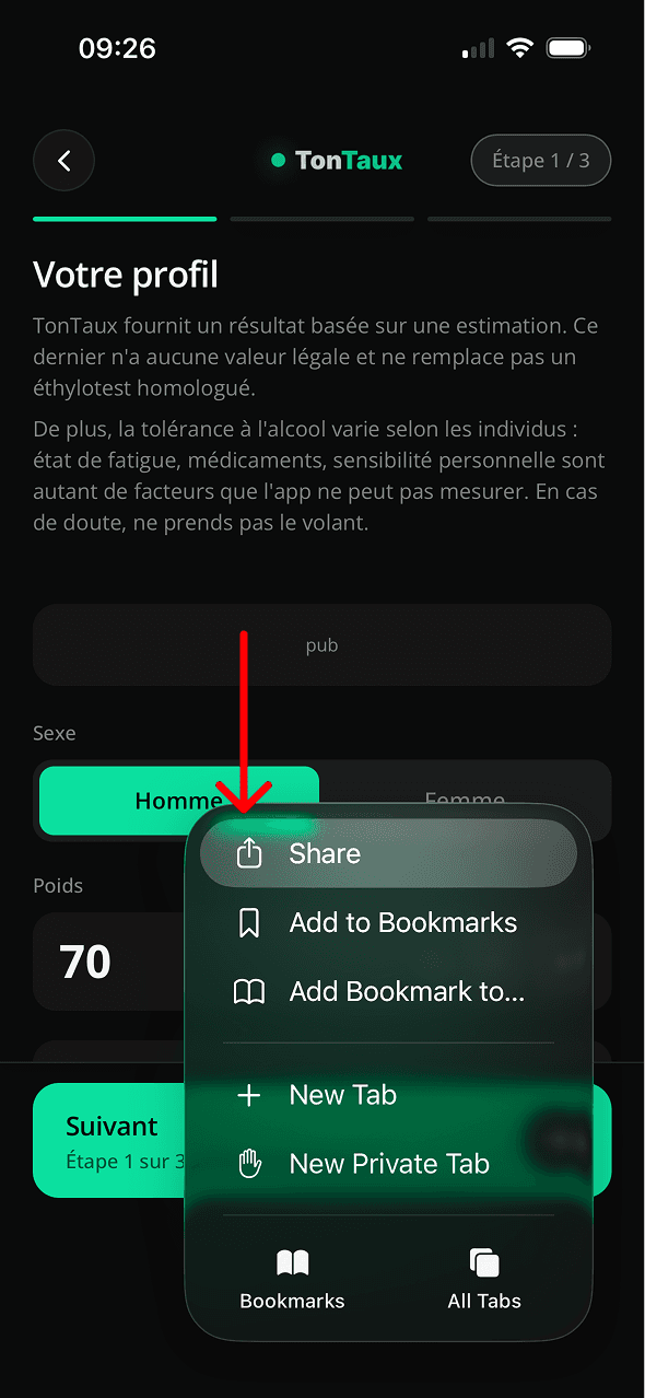 Menu Safari avec l’option Partager